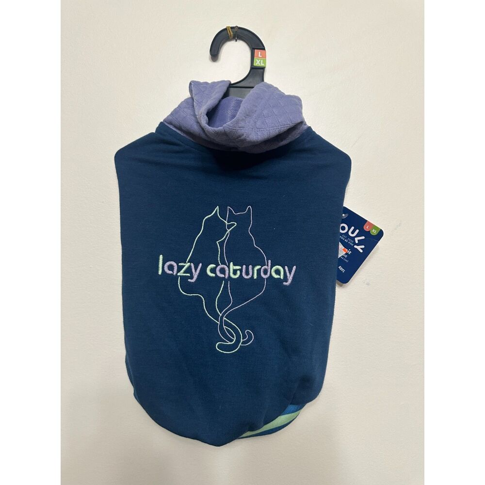 Youly Lazy Caturday Cat Hoodie L/XL Navy Purple Pet Sweatshirt New With Tags